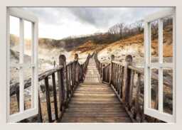 Wooden Bridge Wall Decal, Sticker, 3D Window View Nature Mural, Frame Living Room Home Decor