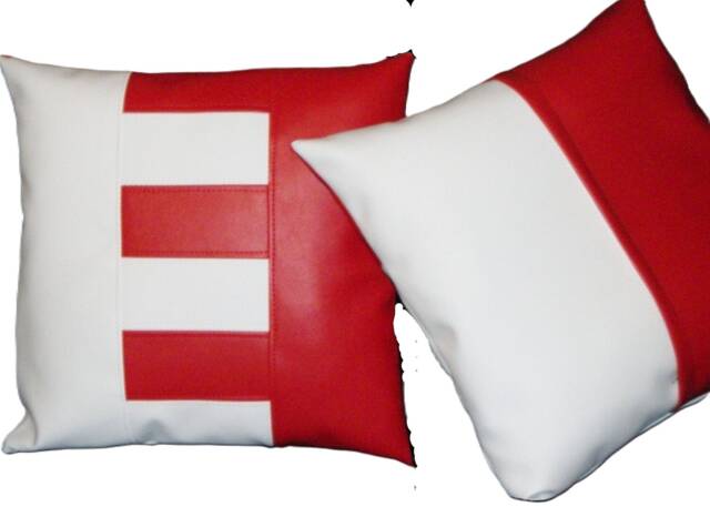 2 Red & White E-Block Design Faux Leather Cushion Covers 40cm 46cm - image 1