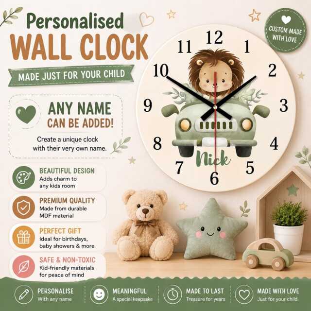 Personalised Lion Wall Clock - Jungle Nursery Decor, Mdf Kids - image 1