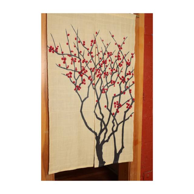 "Japanese Linen Noren, Doorway Curtain Red Plum Tree, Yellow Fabric - 35""W X 59" - image 1