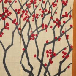 "Japanese Linen Noren, Doorway Curtain Red Plum Tree, Yellow Fabric - 35""W X 59" - thumbnail 3