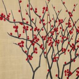 "Japanese Linen Noren, Doorway Curtain Red Plum Tree, Yellow Fabric - 35""W X 59" - thumbnail 4