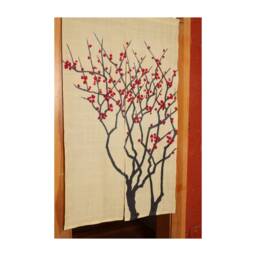 "Japanese Linen Noren, Doorway Curtain Red Plum Tree, Yellow Fabric - 35""W X 59" - thumbnail 1