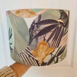 Osaka Green Tea Fabric Lampshade Handmade Tropical Leaf Drum Shade - thumbnail 4