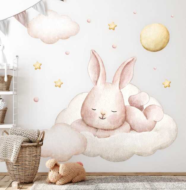 Bunny On The Clouds Wall Stickers For Children's Room, Beige Kids Room Decor, Animals Decal Baby Self Adhesive - image 1