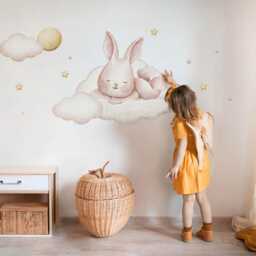 Bunny On The Clouds Wall Stickers For Children's Room, Beige Kids Room Decor, Animals Decal Baby Self Adhesive - thumbnail 2