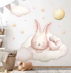 Bunny On The Clouds Wall Stickers For Children's Room, Beige Kids Room Decor, Animals Decal Baby Self Adhesive - thumbnail 1