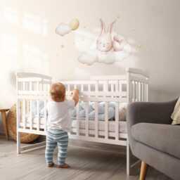 Bunny On The Clouds Wall Stickers For Children's Room, Beige Kids Room Decor, Animals Decal Baby Self Adhesive - thumbnail 3