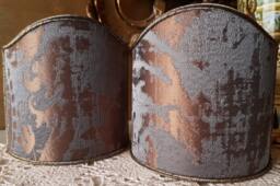 Pair Of Clip-On Shield Shades Lead Grey & Bronze Jacquard Rubelli Fabric Gritti Pattern Mini Lampshade - Made in Italy