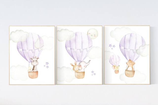 Hot Air Balloon Animal Prints Purple Lilac Nursery Wall Art - image 1
