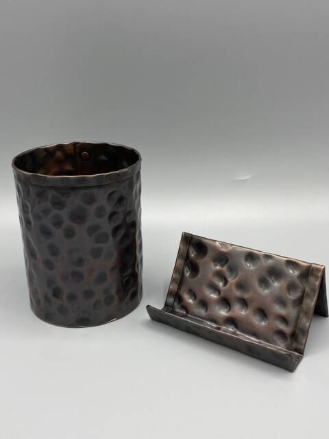 Hand Hammered Copper Desk Set Bronze Finish Card & Pencil Holder - image 1