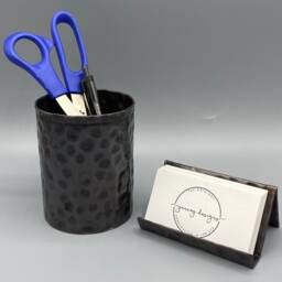 Hand Hammered Copper Desk Set Bronze Finish Card & Pencil Holder - thumbnail 3