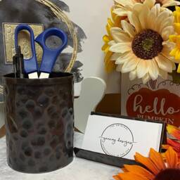 Hand Hammered Copper Desk Set Bronze Finish Card & Pencil Holder - thumbnail 2