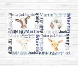 Farm Animals Personalized Baby Blanket. Boy Name Cow, Lamb, Goat Nursery. Custom Shower Gift Swaddle - thumbnail 1