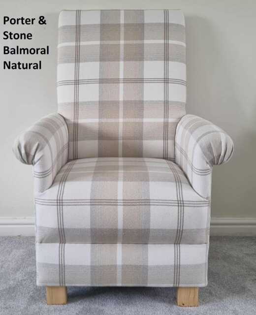 Tartan Check Fabric Adult Chair Armchair Checked Nursery Bedroom Balmoral Grey Purple Red Mustard Pink Duck Egg Gingham Small Natural Blue - image 1