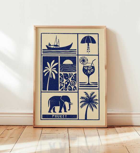 Phuket Linocut Art Print, Modern Thai Poster, Minimalist Tropical Wall Art, Blue & Beige Travel Coastal Boho Home Decor - image 1