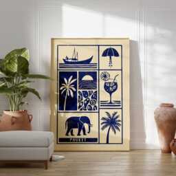 Phuket Linocut Art Print, Modern Thai Poster, Minimalist Tropical Wall Art, Blue & Beige Travel Coastal Boho Home Decor - thumbnail 3