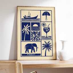 Phuket Linocut Art Print, Modern Thai Poster, Minimalist Tropical Wall Art, Blue & Beige Travel Coastal Boho Home Decor - thumbnail 2