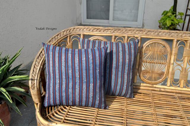 Set Of 2 Blue Ajrak Block Print Cotton Pillow Covers - image 1