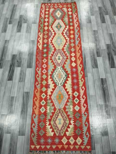 Tribal Runner Rug, Handmade Artisan Afghan Turkish Scandinavian Navajo Bohemian Flatweave Wool Kilim Rug 295x84 cm - image 1