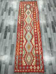 Tribal Runner Rug, Handmade Artisan Afghan Turkish Scandinavian Navajo Bohemian Flatweave Wool Kilim Rug 295x84 cm - thumbnail 1