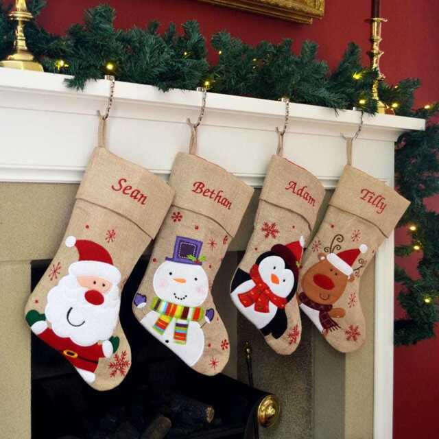 Personalised Embroidered Christmas Stocking Rustic Hessian With Name - Santa, Snowman, Penguin Or Reindeer Design UK Gift - image 1