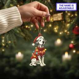 Custom Name Cute Sitting Dalmatian Dog With Santa Hat Christmas Lights Ornament, Tree Hanging Decor, Flat 2D Ornament - thumbnail 2