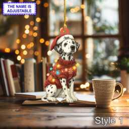 Custom Name Cute Sitting Dalmatian Dog With Santa Hat Christmas Lights Ornament, Tree Hanging Decor, Flat 2D Ornament