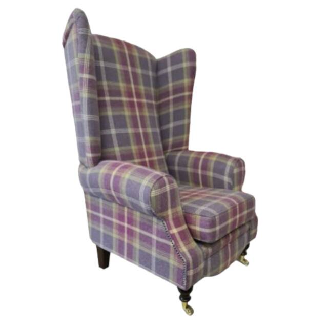 Queen Anne Wing Back Cottage Fireside Chair Extra Tall High Balmoral Amethyst Tartan - image 1