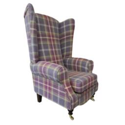 Queen Anne Wing Back Cottage Fireside Chair Extra Tall High Balmoral Amethyst Tartan - thumbnail 1