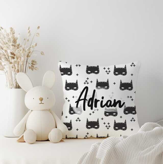 Monochrome Batmask With Personalisation, Kids Square Throw Pillow Decor, Children's Room Decor, Cotbed Bedding, Personalised