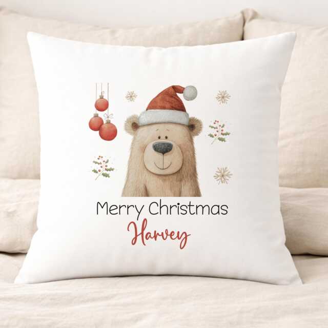 Personalised Teddy Bear Christmas Cushion Cover, Custom Name Festive