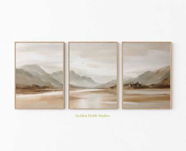 Neutral Mountain Landscape Wall Art Set Of 3, Minimalist Beige Nature Prints, Scandinavian Style Range Artwork - image 1