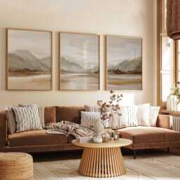 Neutral Mountain Landscape Wall Art Set Of 3, Minimalist Beige Nature Prints, Scandinavian Style Range Artwork - thumbnail 3