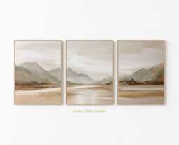 Neutral Mountain Landscape Wall Art Set Of 3, Minimalist Beige Nature Prints, Scandinavian Style Range Artwork - thumbnail 1