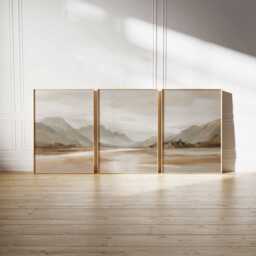 Neutral Mountain Landscape Wall Art Set Of 3, Minimalist Beige Nature Prints, Scandinavian Style Range Artwork - thumbnail 2