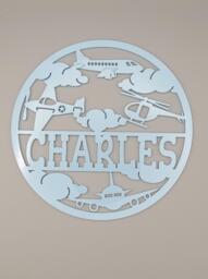 Personalised Planes, Helicopter, Aircraft, Airplane, Aviation Boys Bedroom Decor, Nursery Decor Name, Door Or Wall Hanger in Acrylic Wood - thumbnail 1
