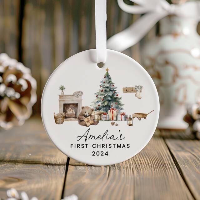 Personalised First Christmas Decoration, Baby's 1st Baby Bear New Gift, Bauble, Bunny - image 1