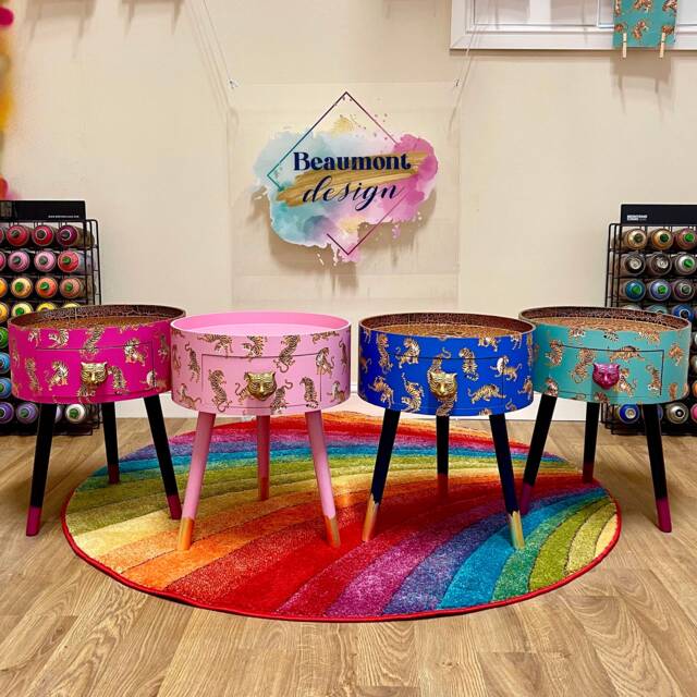 Round Wooden Side Table With Drawer. Tiger Print in 6 Colours, Pink, Navy, Mint, Lilac, Turquoise. Ideal Coffee Or Night Stand - image 1