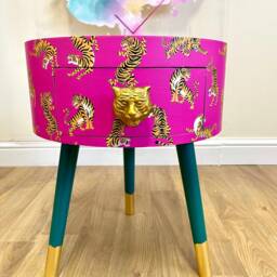 Round Wooden Side Table With Drawer. Tiger Print in 6 Colours, Pink, Navy, Mint, Lilac, Turquoise. Ideal Coffee Or Night Stand - thumbnail 3