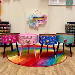 Round Wooden Side Table With Drawer. Tiger Print in 6 Colours, Pink, Navy, Mint, Lilac, Turquoise. Ideal Coffee Or Night Stand - thumbnail 1