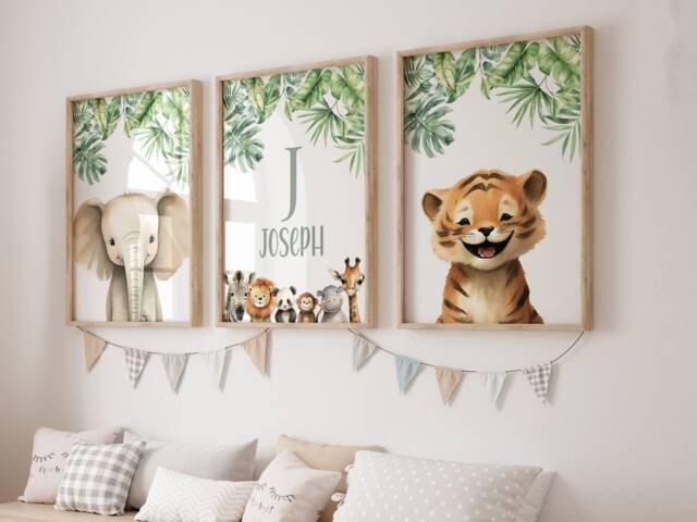 Safari Nursery Decor, Set Of 3 Personalised Prints, Nursery Wall Art, Animal Prints, Safari Nursery, Baby Animal Prints, Tiger - image 1