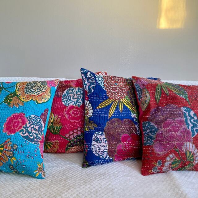 Cushion Cover, Throw Pillow Case, Kantha Stitch, Floral, Blue, Navy Blue, Orange, Cream, Off White, 16x16 Inch, Boho, Bohemian.india Home Decor - image 1