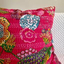 Cushion Cover, Throw Pillow Case, Kantha Stitch, Floral, Blue, Navy Blue, Orange, Cream, Off White, 16x16 Inch, Boho, Bohemian.india Home Decor - thumbnail 4