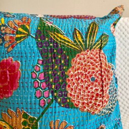 Cushion Cover, Throw Pillow Case, Kantha Stitch, Floral, Blue, Navy Blue, Orange, Cream, Off White, 16x16 Inch, Boho, Bohemian.india Home Decor - thumbnail 3