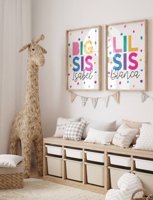 Set Of 2 Sisters Prints, Big Sis Lil Sis, Girls Bedroom Sister Posters, Bedroom, Wall Art, Siblings, Colourful, Pink - image 1