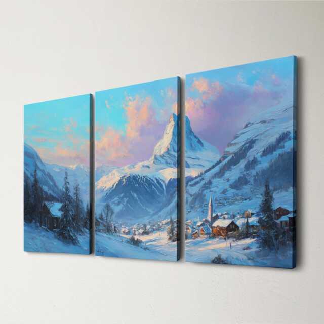Zermatt Matterhorn 3 Panel Split Canvas Wall Art Swiss Alps Winter Landscape Snowy Mountain Oil Painting Framed Home Decor Gift - image 1
