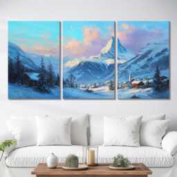 Zermatt Matterhorn 3 Panel Split Canvas Wall Art Swiss Alps Winter Landscape Snowy Mountain Oil Painting Framed Home Decor Gift - thumbnail 2