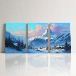 Zermatt Matterhorn 3 Panel Split Canvas Wall Art Swiss Alps Winter Landscape Snowy Mountain Oil Painting Framed Home Decor Gift - thumbnail 3