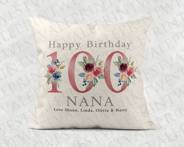 Personalised 100Th Birthday Pillow Pink Floral Linen Cushion - image 1